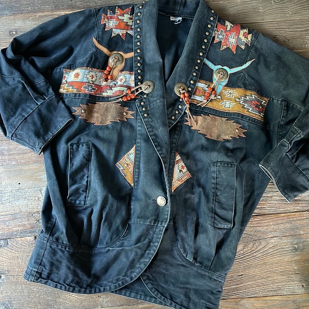 Vintage Black Jean Jacket with Southwestern Embroidery